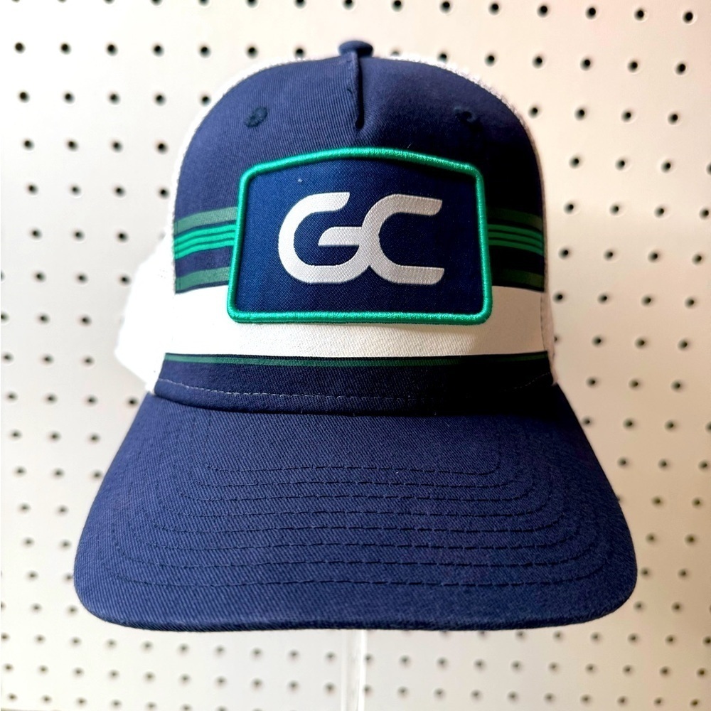 GC Hat Adjustable Snapback Navy Blue and Green Trucker Hat with Logo by Dome Hat